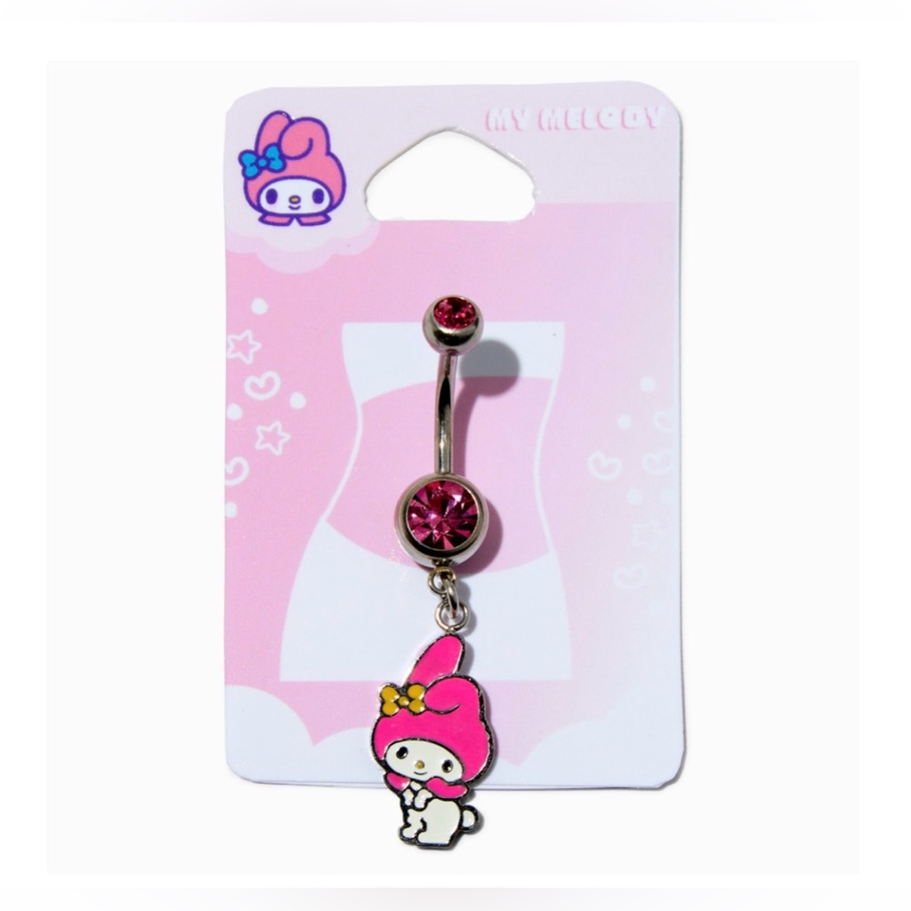 My Melody Silver Tone‎ Stainless Steel Pink Crystal Charm 14G Belly Bar